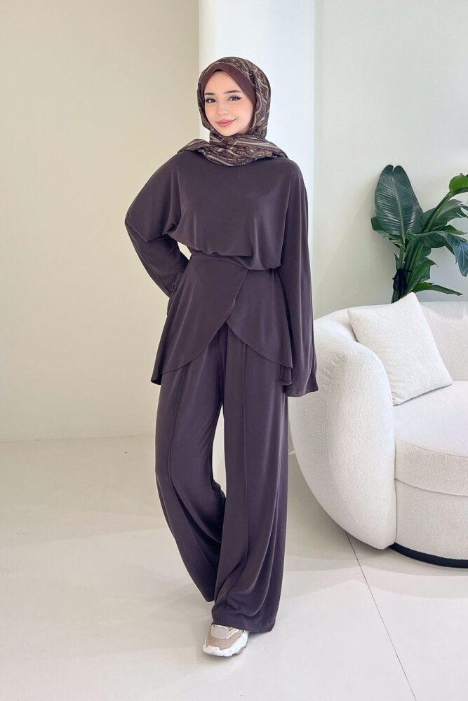 Rosé Bağlama Detaylı Pantolon Takım - Kahverengi - 1