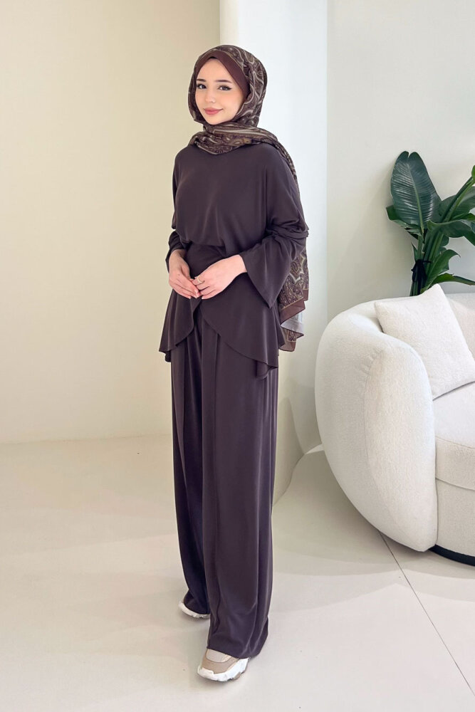 Rosé Bağlama Detaylı Pantolon Takım - Kahverengi - İKOL (1)