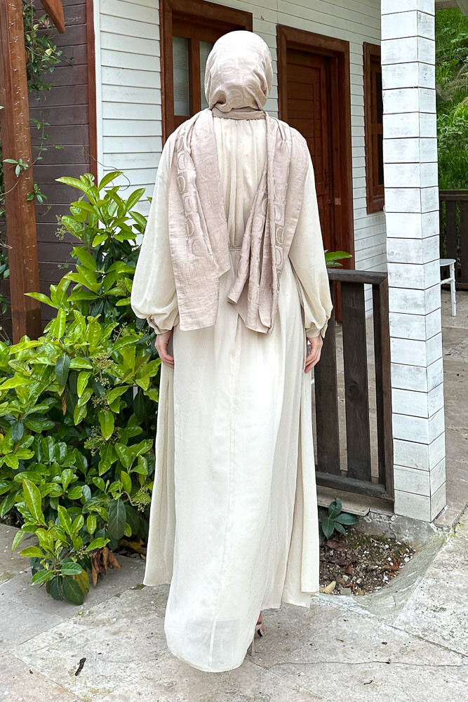 Rosalina Taşlı Şifon Elbise - Bej - 7