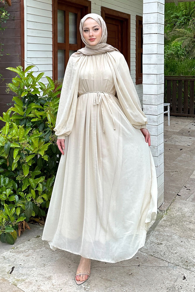 Rosalina Taşlı Şifon Elbise - Bej - HEWES (2)