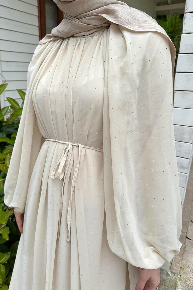 Rosalina Taşlı Şifon Elbise - Bej - 5