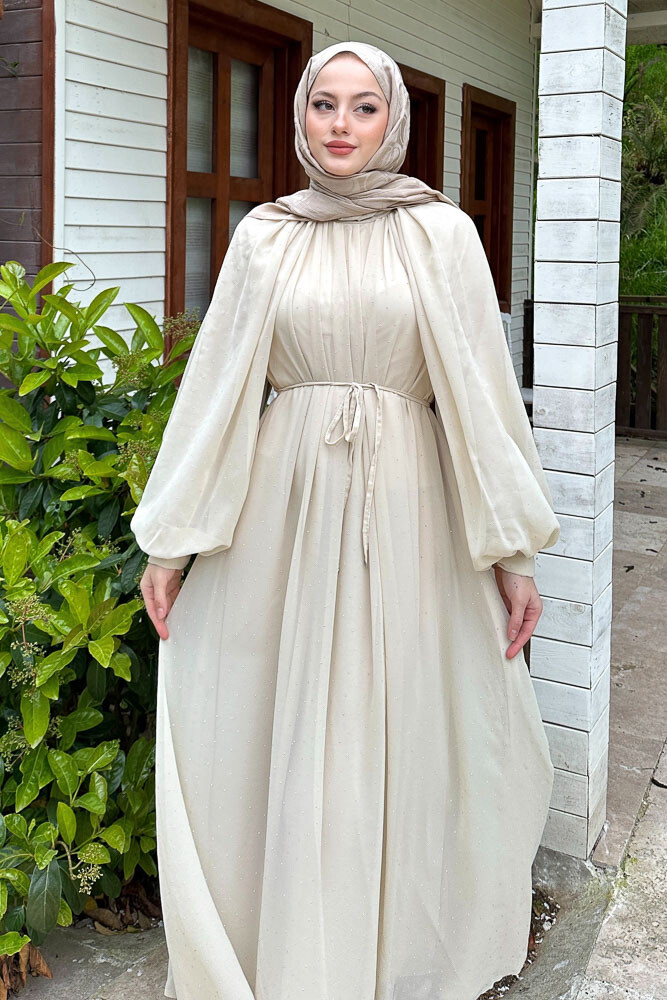 Rosalina Taşlı Şifon Elbise - Bej - 6