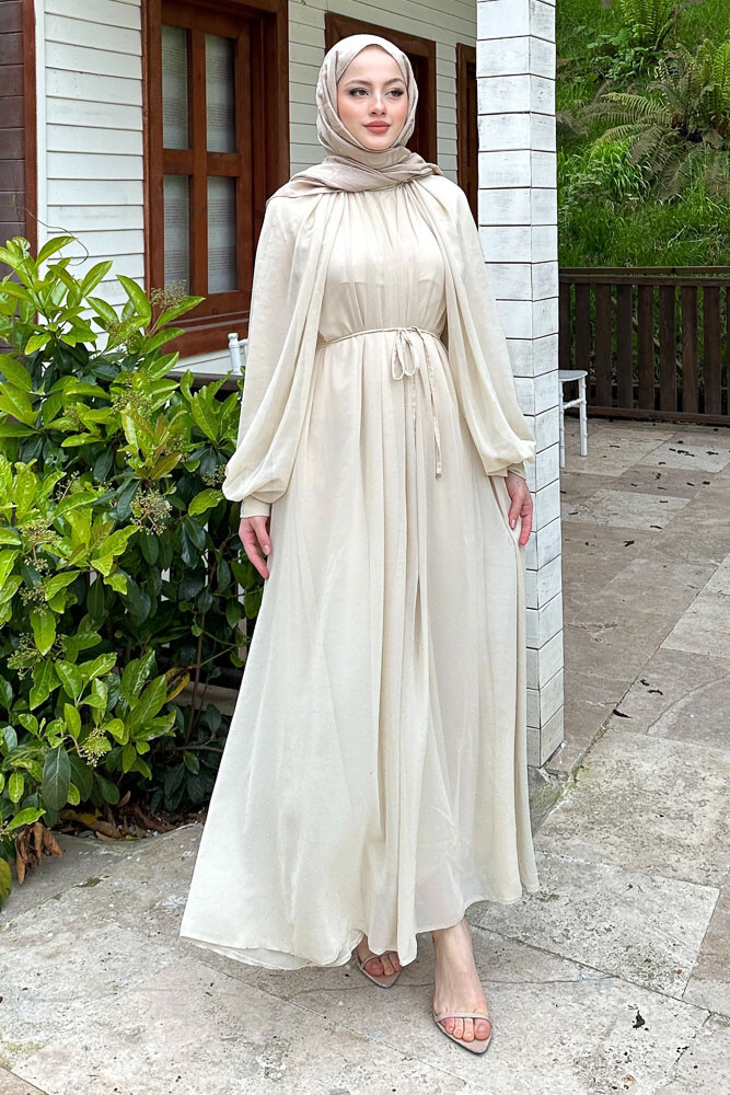 Rosalina Taşlı Şifon Elbise - Bej - 1
