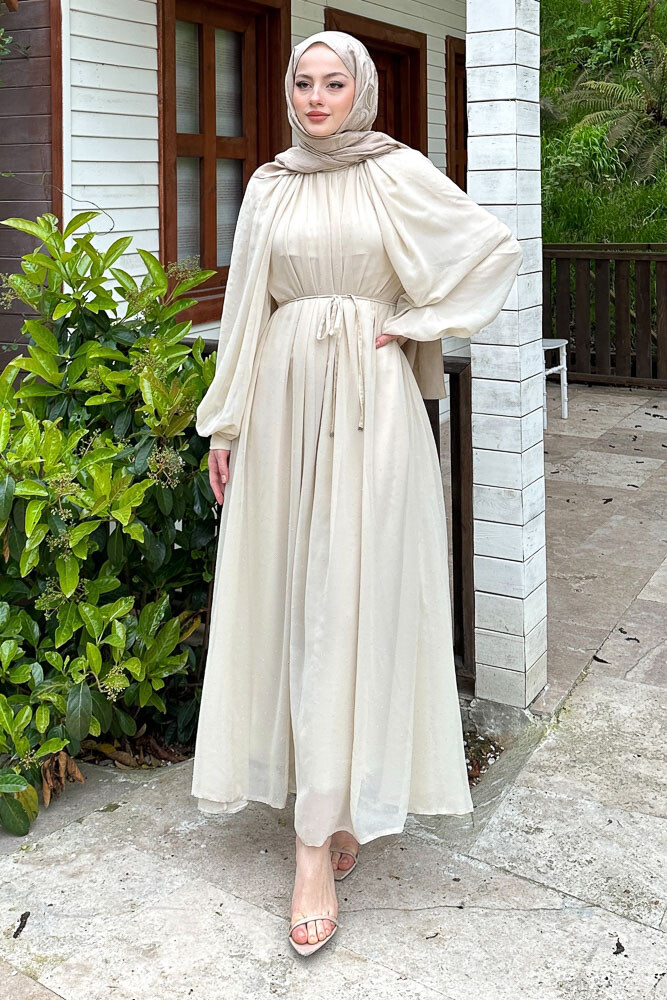 Rosalina Taşlı Şifon Elbise - Bej - 4
