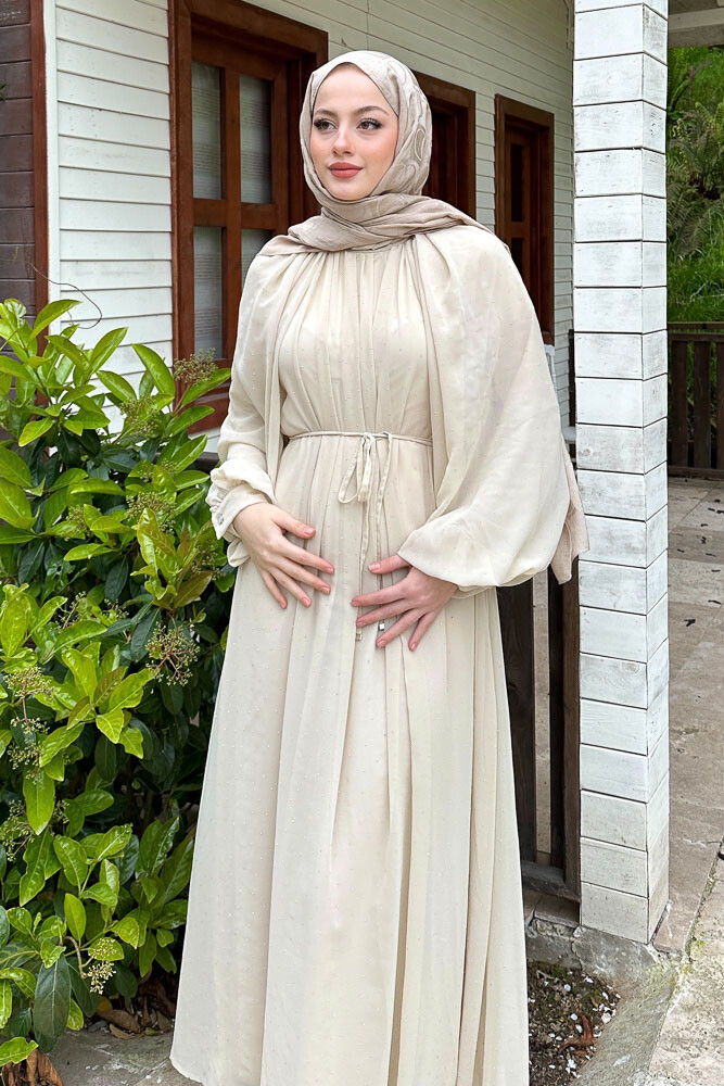 Rosalina Taşlı Şifon Elbise - Bej - HEWES (1)