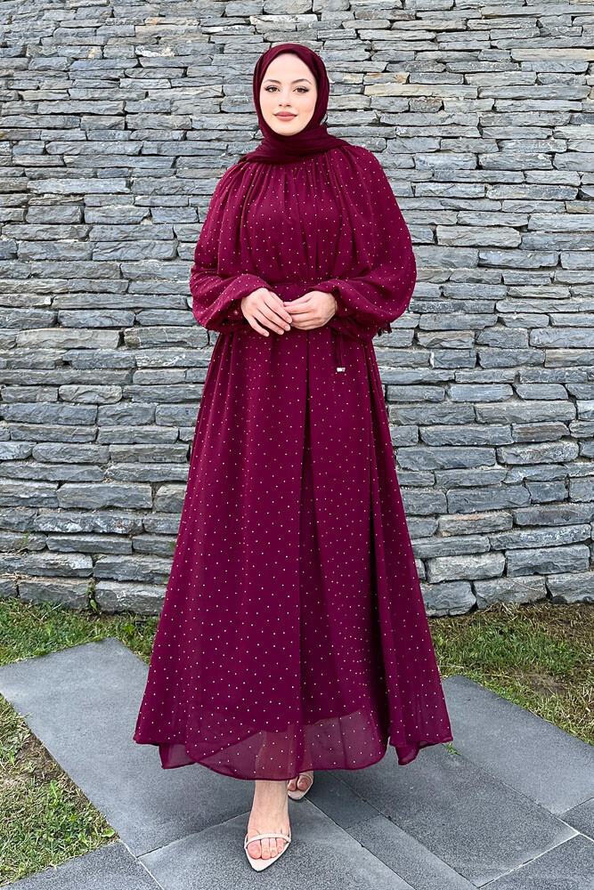 Rosalina Taşlı Şifon Elbise - Bordo - 4