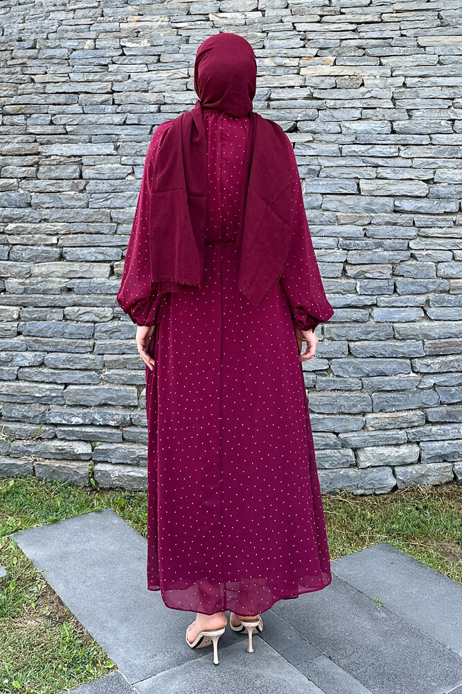 Rosalina Taşlı Şifon Elbise - Bordo - 8