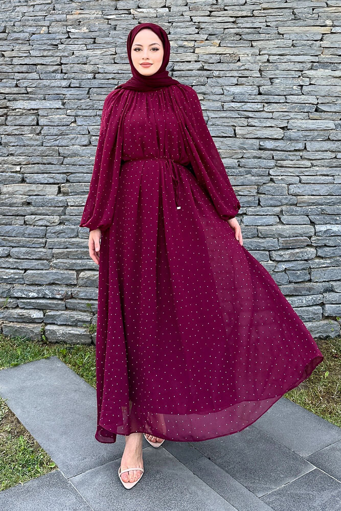 Rosalina Taşlı Şifon Elbise - Bordo - 6