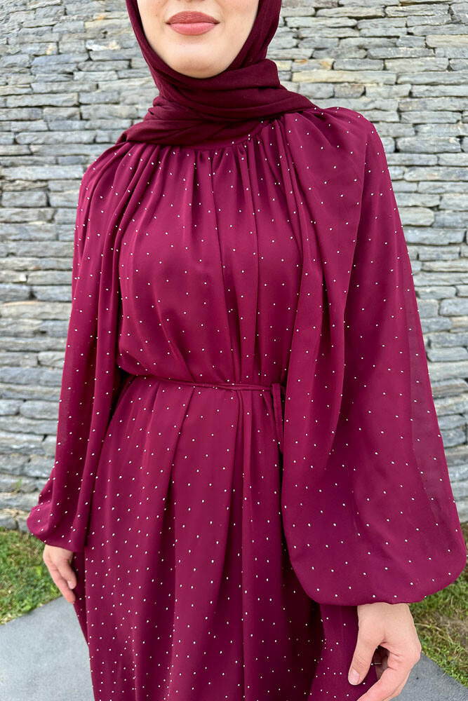Rosalina Taşlı Şifon Elbise - Bordo - 7
