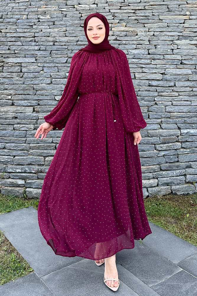 Rosalina Taşlı Şifon Elbise - Bordo - HEWES (2)