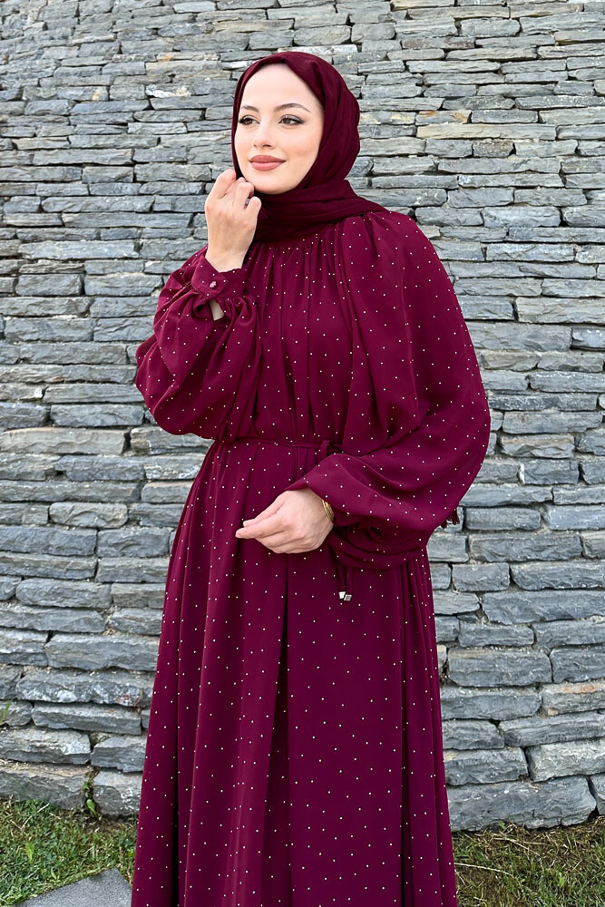 Rosalina Taşlı Şifon Elbise - Bordo - 2