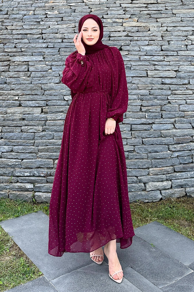 Rosalina Taşlı Şifon Elbise - Bordo - 1