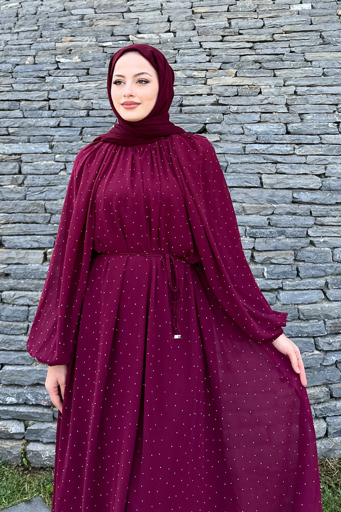 Rosalina Taşlı Şifon Elbise - Bordo - 5