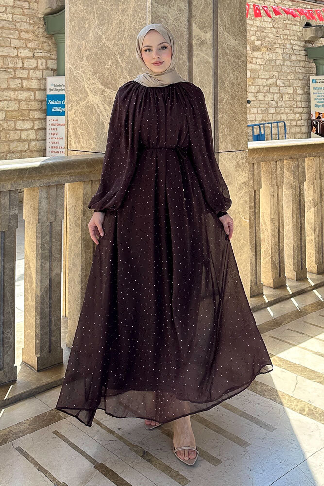 Rosalina Taşlı Şifon Elbise - Kahverengi - 1
