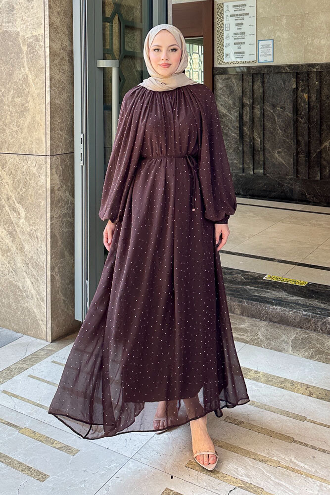 Rosalina Taşlı Şifon Elbise - Kahverengi - HEWES (5)