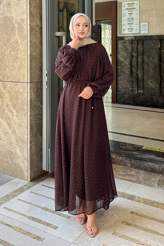 Rosalina Taşlı Şifon Elbise - Kahverengi - 4