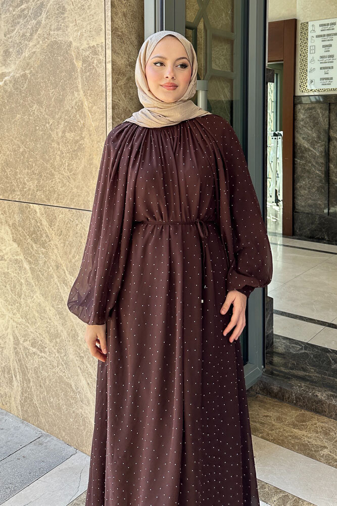 Rosalina Taşlı Şifon Elbise - Kahverengi - HEWES (1)