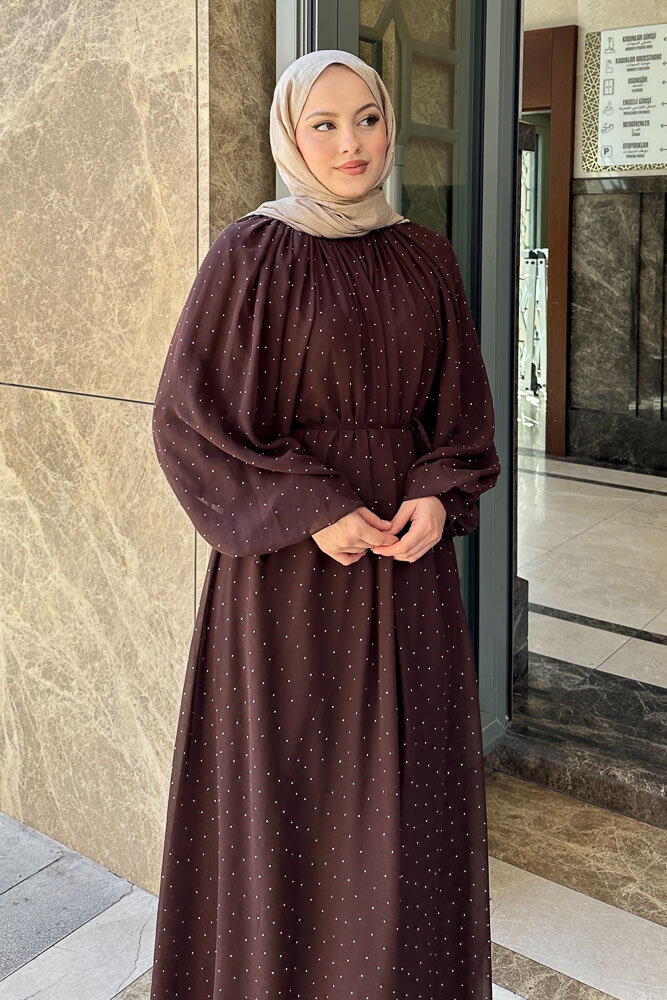Rosalina Taşlı Şifon Elbise - Kahverengi - 5