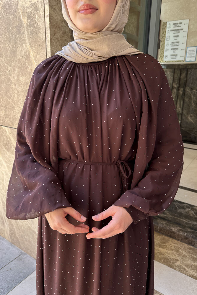 Rosalina Taşlı Şifon Elbise - Kahverengi - 3