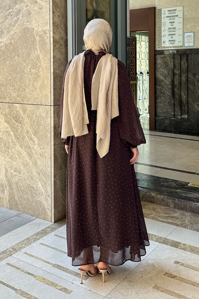 Rosalina Taşlı Şifon Elbise - Kahverengi - 8