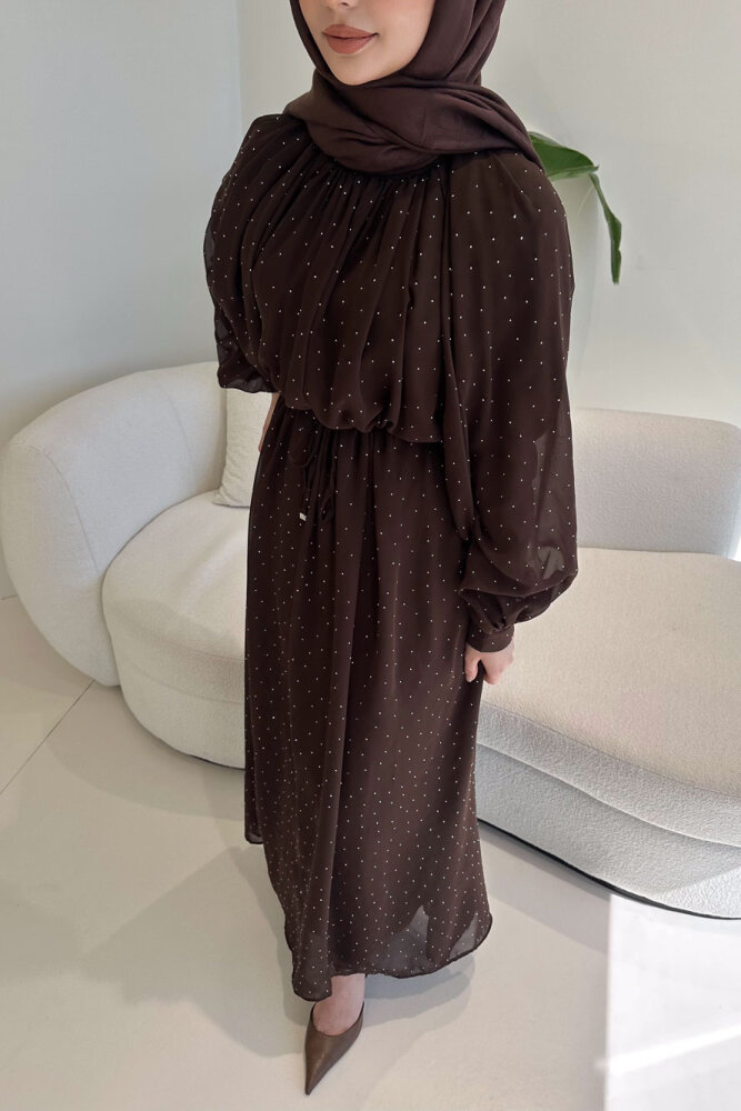 Rosalina Taşlı Şifon Elbise - Kahverengi - 3