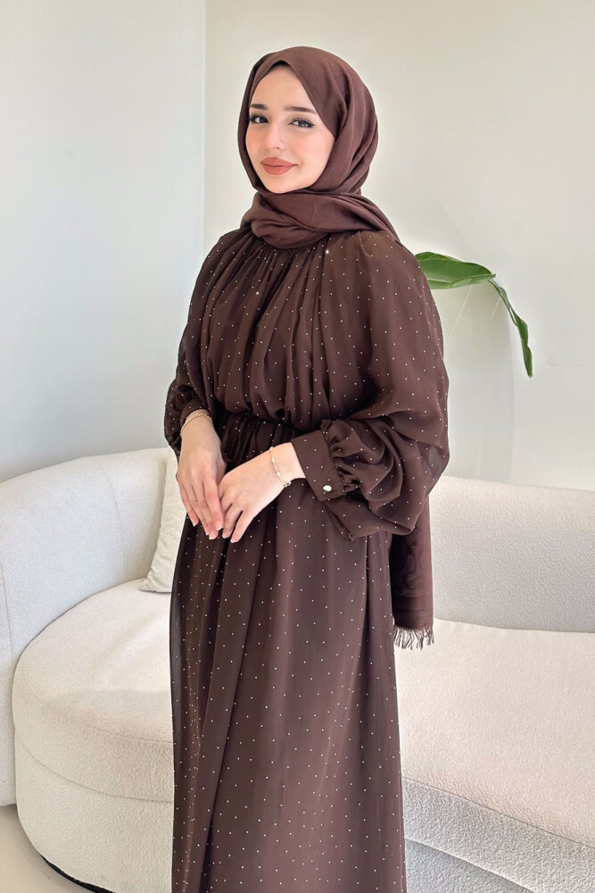 Rosalina Taşlı Şifon Elbise - Kahverengi - 6