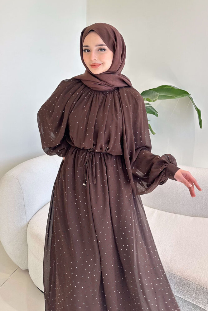 Rosalina Taşlı Şifon Elbise - Kahverengi - HEWES (3)