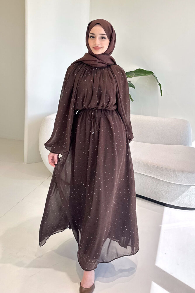 Rosalina Taşlı Şifon Elbise - Kahverengi - 5