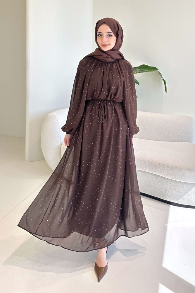 Rosalina Taşlı Şifon Elbise - Kahverengi - 1