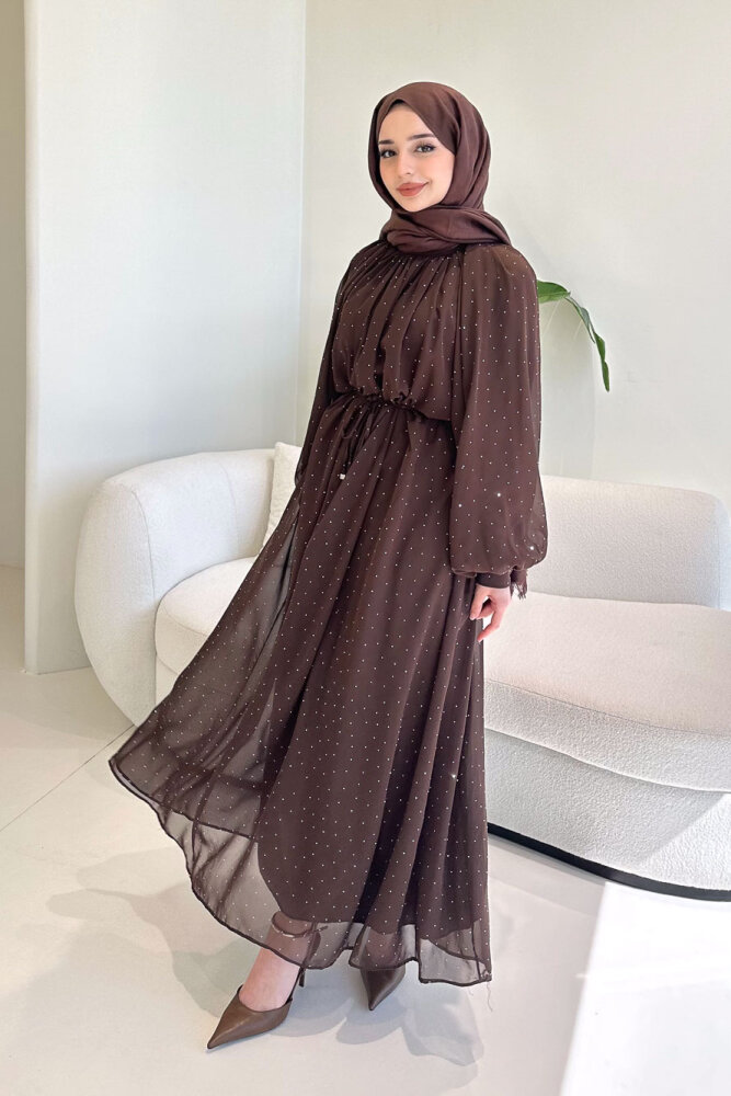 Rosalina Taşlı Şifon Elbise - Kahverengi - 2