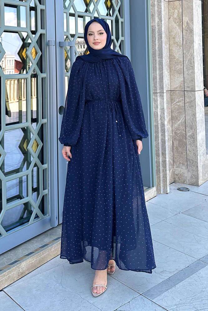 Rosalina Taşlı Şifon Elbise - Lacivert - 7