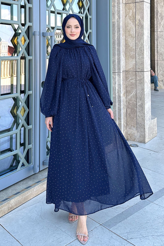 Rosalina Taşlı Şifon Elbise - Lacivert - 4
