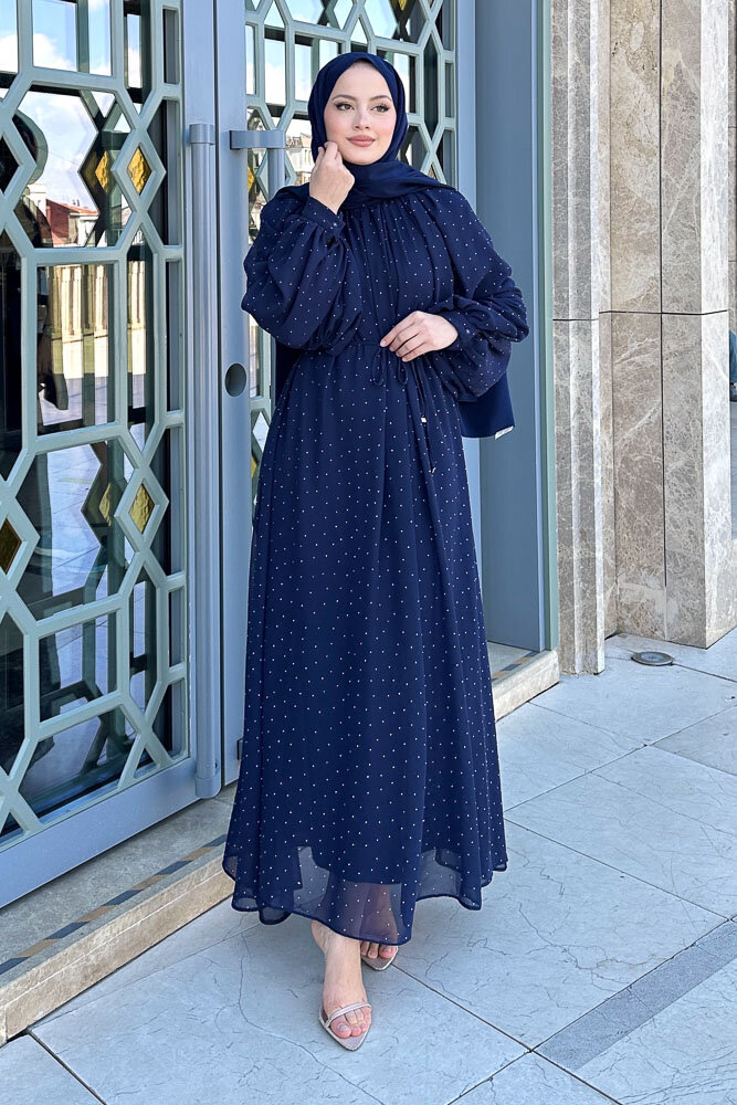 Rosalina Taşlı Şifon Elbise - Lacivert - 5