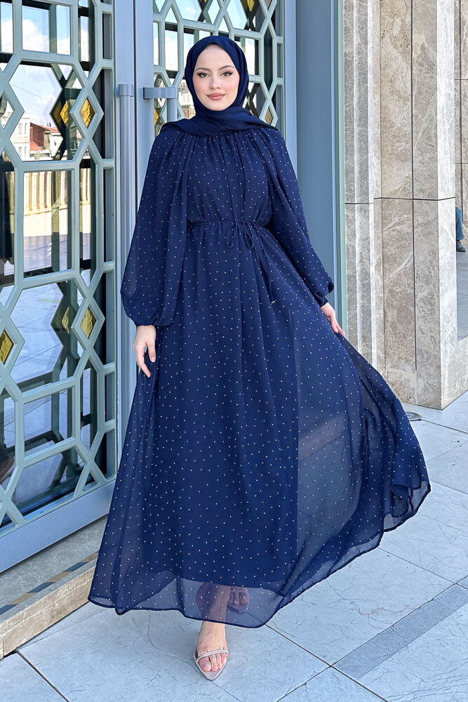 Rosalina Taşlı Şifon Elbise - Lacivert 
