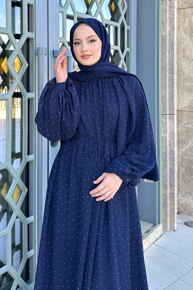 Rosalina Taşlı Şifon Elbise - Lacivert - 6
