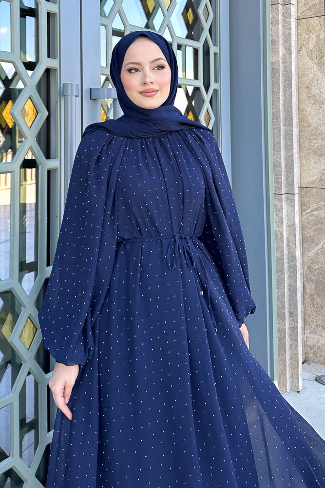 Rosalina Taşlı Şifon Elbise - Lacivert - HEWES (1)