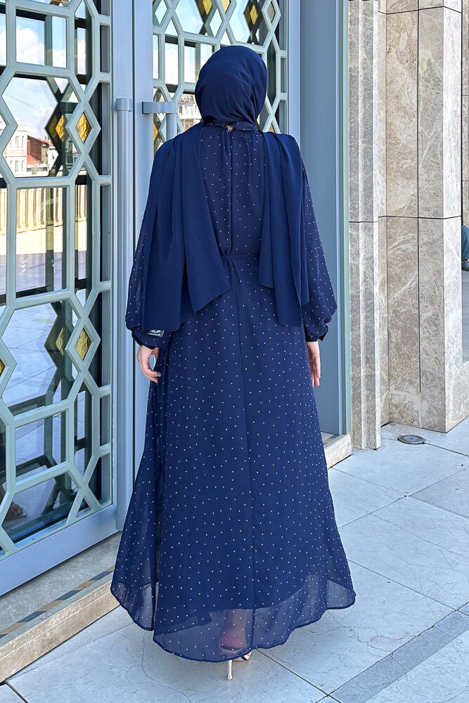 Rosalina Taşlı Şifon Elbise - Lacivert - 8