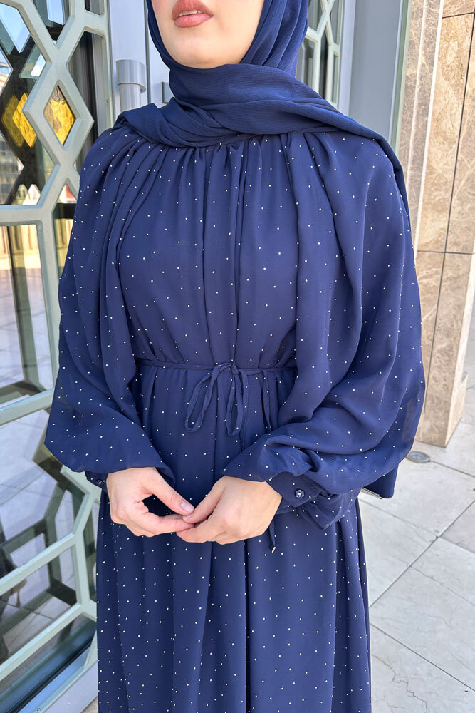 Rosalina Taşlı Şifon Elbise - Lacivert - 3