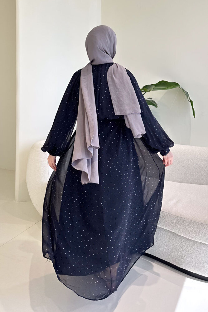 Rosalina Taşlı Şifon Elbise - Lacivert - 8