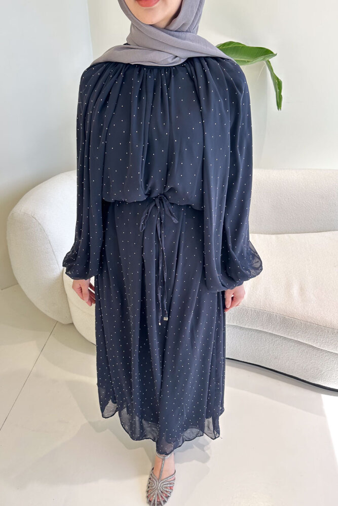 Rosalina Taşlı Şifon Elbise - Lacivert - HEWES (3)