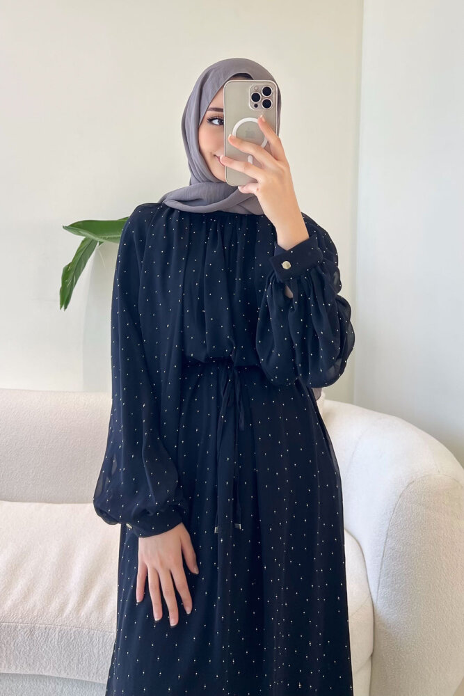 Rosalina Taşlı Şifon Elbise - Lacivert - 7