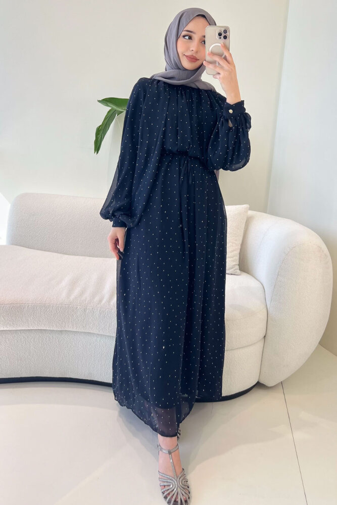 Rosalina Taşlı Şifon Elbise - Lacivert - 2