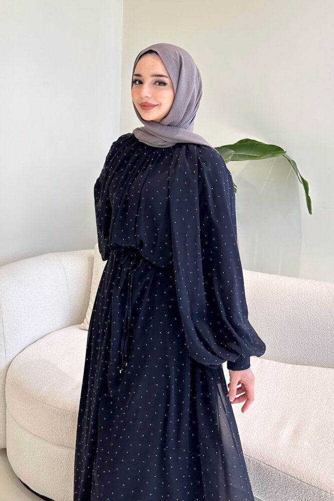 Rosalina Taşlı Şifon Elbise - Lacivert - 5