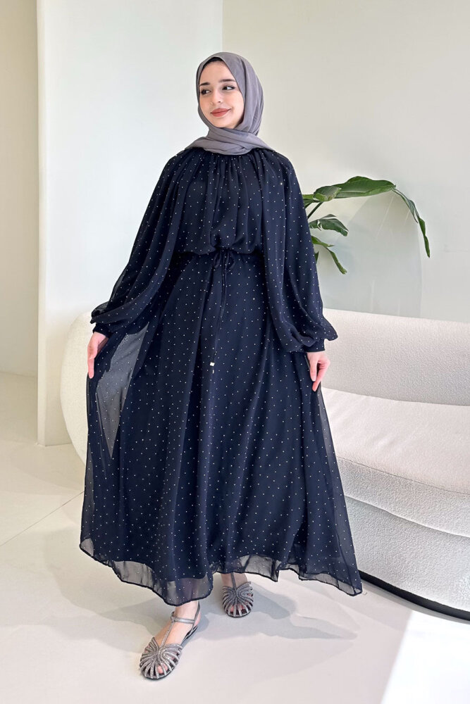 Rosalina Taşlı Şifon Elbise - Lacivert - HEWES (5)