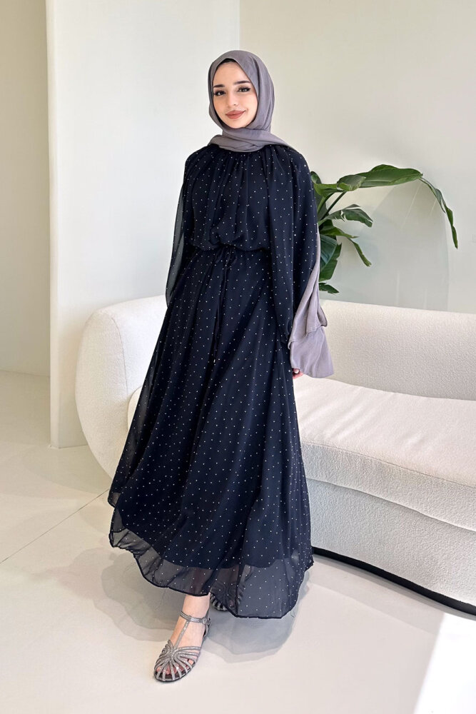 Rosalina Taşlı Şifon Elbise - Lacivert - 1