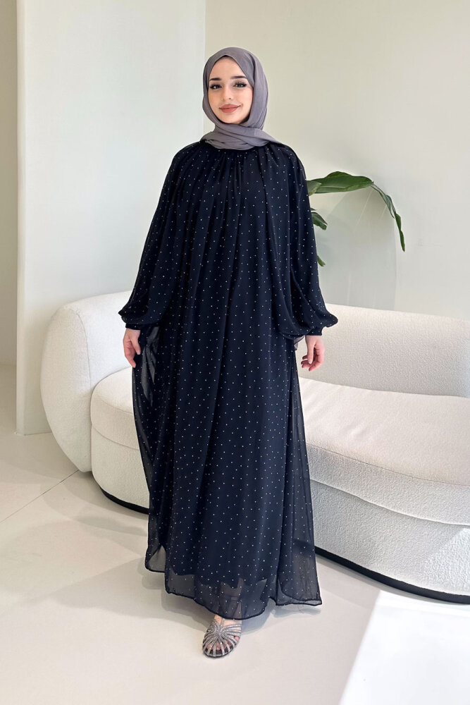 Rosalina Taşlı Şifon Elbise - Lacivert - HEWES (2)