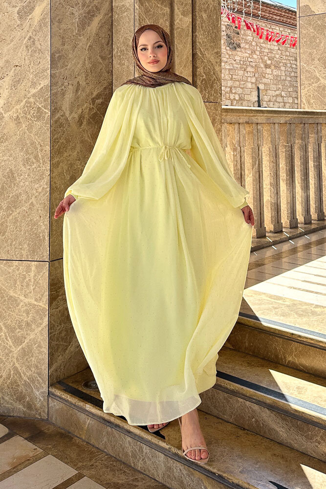 Rosalina Taşlı Şifon Elbise - Sarı - 5