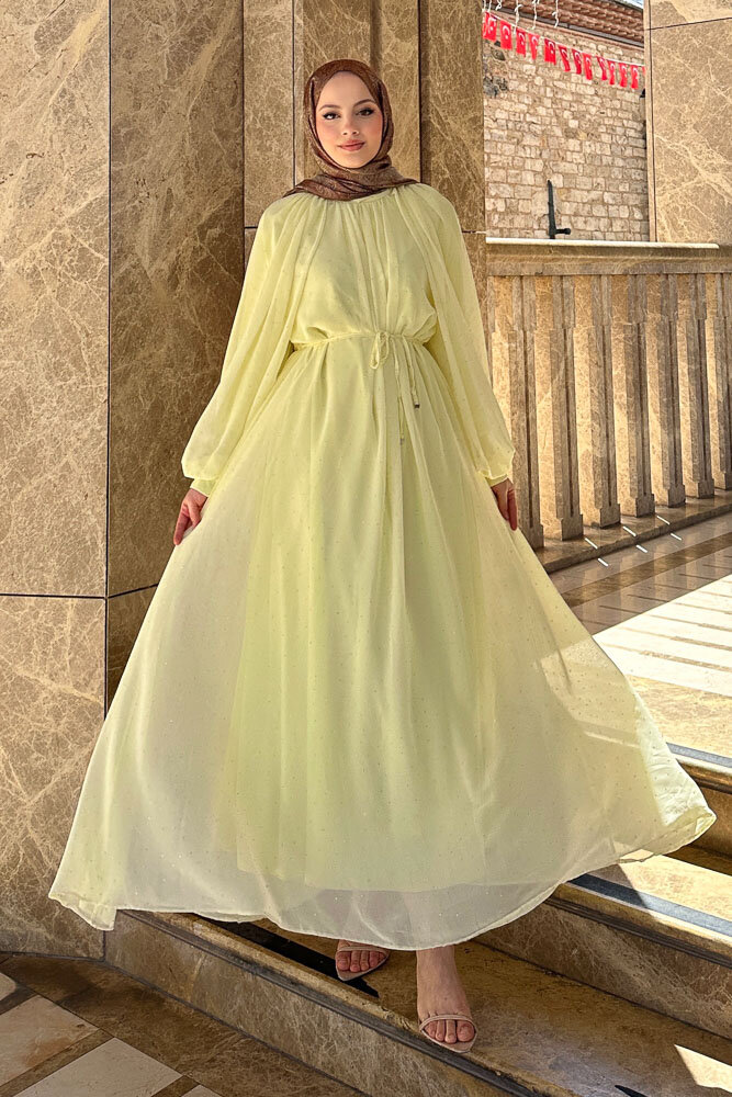 Rosalina Taşlı Şifon Elbise - Sarı - 2