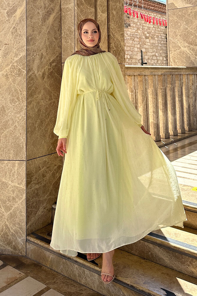 Rosalina Taşlı Şifon Elbise - Sarı - 7