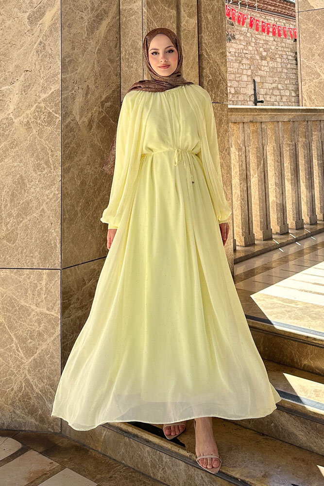 Rosalina Taşlı Şifon Elbise - Sarı - HEWES (3)